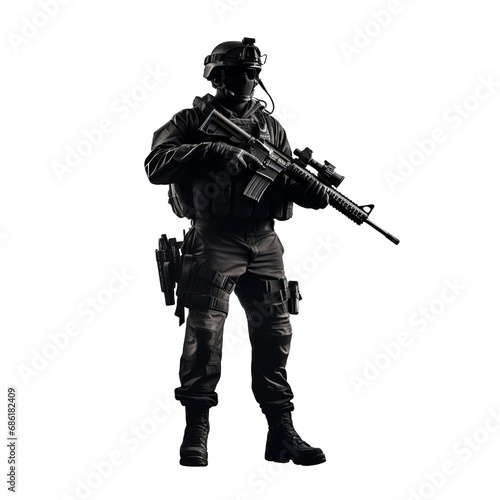 Black silhouette of soldier with gun isolated on transparent background. AI generated. © vadymstock