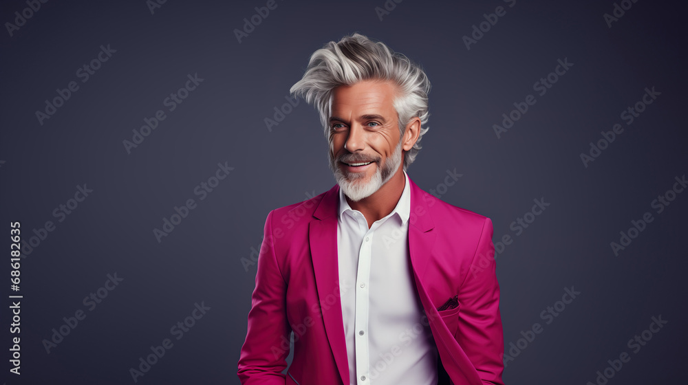 Happy elderly fashion model with grey full hair, mature and happy smiling man in colorful close-up portrait | Generative AI Happy elderly fashion model with grey full hair, mature and happy smiling man in colorful close-up portrait | Generative AI