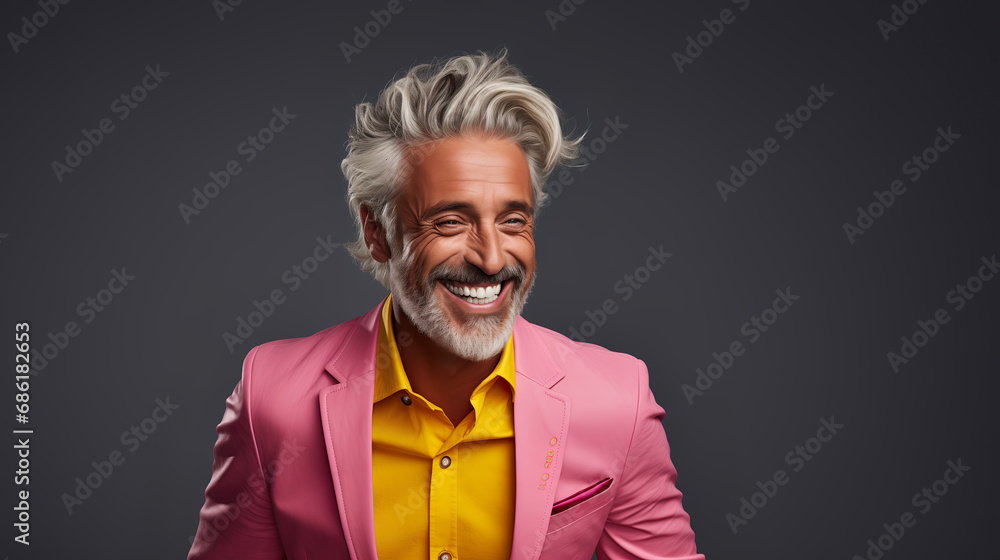 Happy elderly fashion model with grey full hair, mature and happy smiling man in colorful close-up portrait | Generative AI Happy elderly fashion model with grey full hair, mature and happy smiling man in colorful close-up portrait | Generative AI