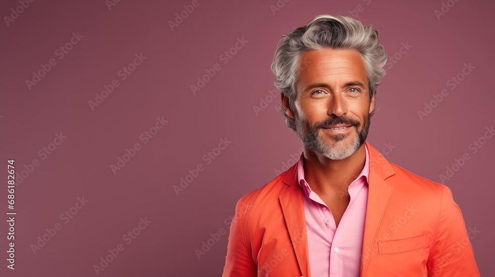 Happy elderly fashion model with grey full hair, mature and happy smiling man in colorful close-up portrait | Generative AI Happy elderly fashion model with grey full hair, mature and happy smiling man in colorful close-up portrait | Generative AI