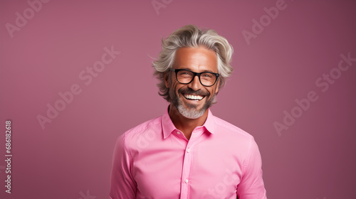 Happy elderly fashion model with grey full hair, mature and happy smiling man in colorful close-up portrait | Generative AI