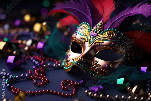 Festive Mardi Gras mask with shiny streamers - masquerade disguise concept. Carnival Party