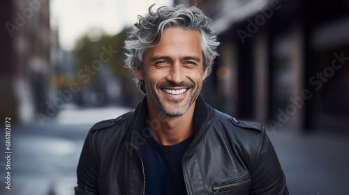 Happy elderly fashion model with grey full hair, mature and happy smiling man in colorful close-up portrait photo