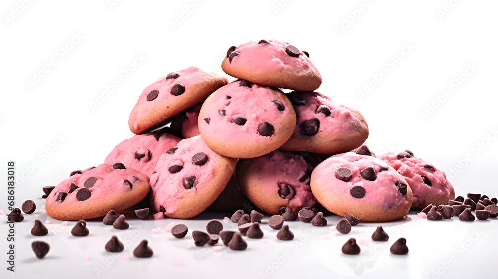 cookies with pink chocolate chips on a white background