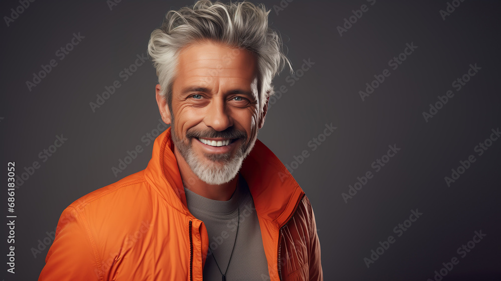 Happy elderly fashion model with grey full hair, mature and happy smiling man in colorful close-up portrait | Generative AI Happy elderly fashion model with grey full hair, mature and happy smiling man in colorful close-up portrait | Generative AI