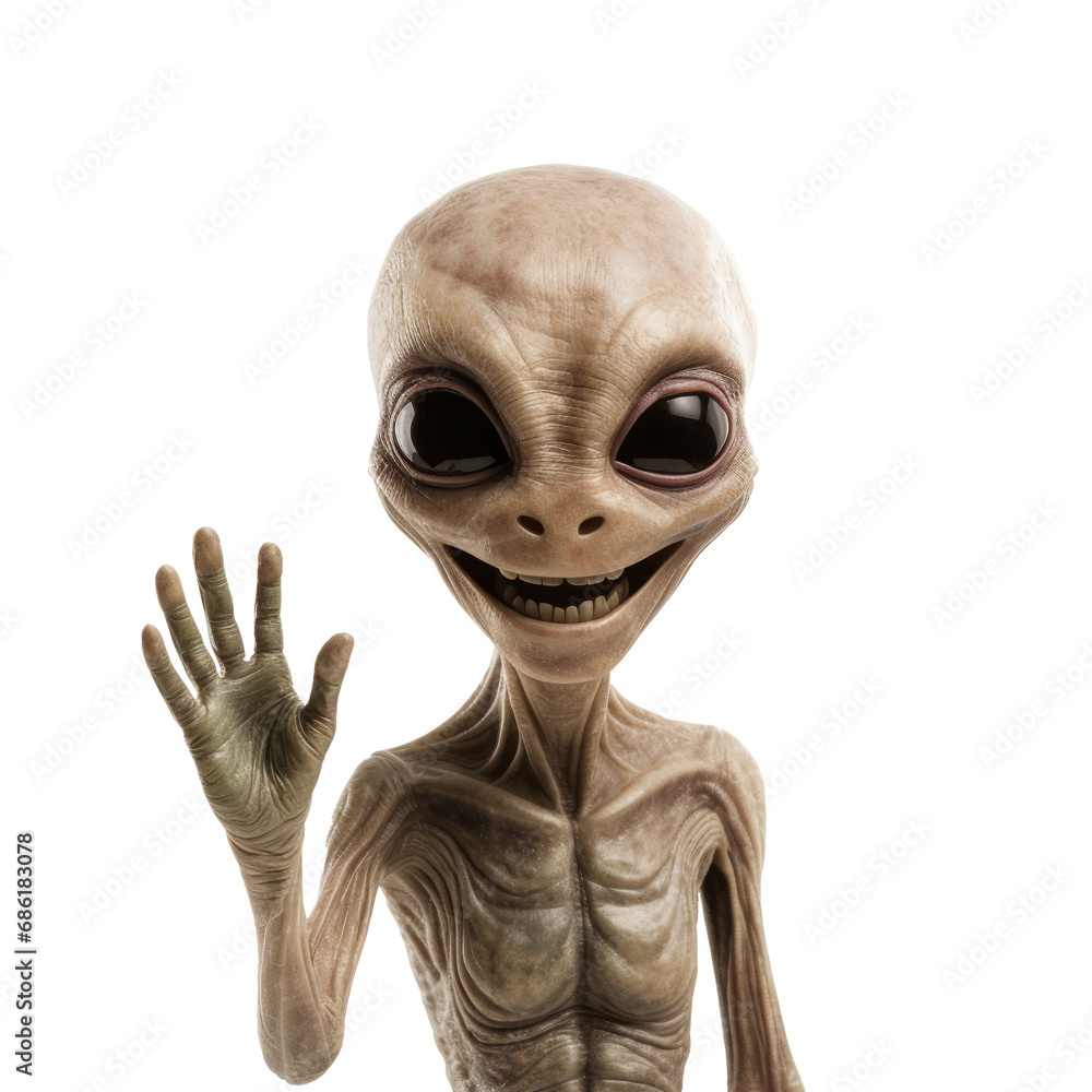 Aliens arrival concept, aliens are smiling and waving greeting. Isolated on transparent background. AI generated. Aliens arrival concept, aliens are smiling and waving greeting. Isolated on transparent background. AI generated.