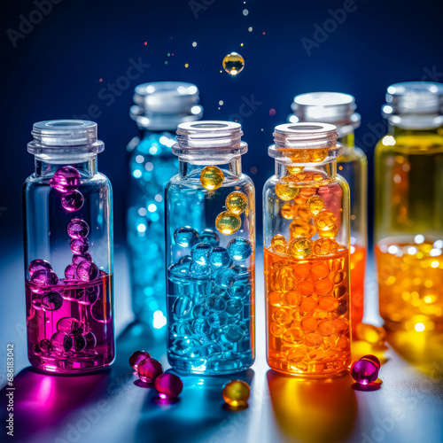 Colorful glass bottles with magic potion on a dark blue background. 