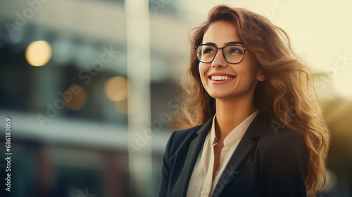 Young happy cheerful professional business woman, happy laughing female office worker wearing glasses looking away at copy space advertising job opportunities or good business services
