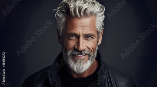 Happy elderly fashion model with grey full hair, mature and happy smiling man in colorful close-up portrait | Generative AI