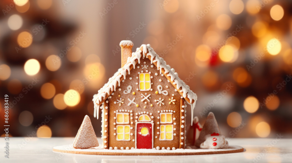 Gingerbread house, concept holiday of Christmas and Happy new year. Defocused lights