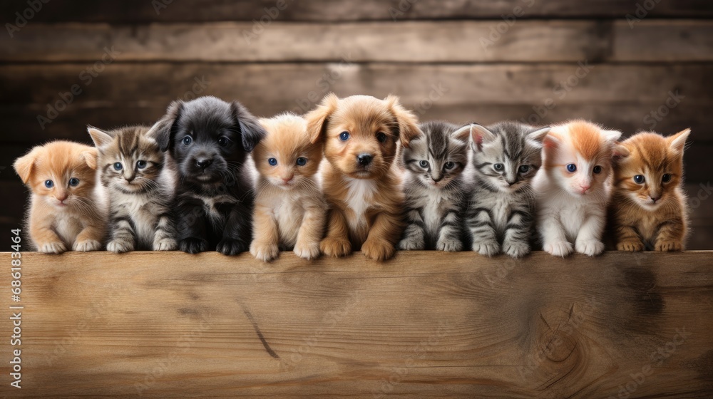 Group of kittens and puppies in a row on a wooden background. Copy space. Ai generative - obrazy, fototapety, plakaty 