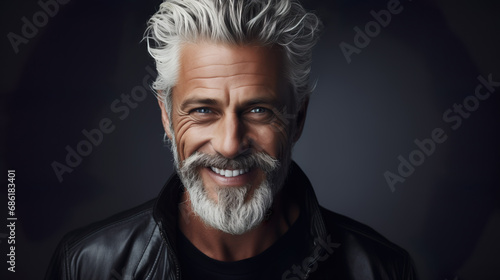 Happy elderly fashion model with grey full hair, mature and happy smiling man in colorful close-up portrait   Generative AI © DigitalDreamscape