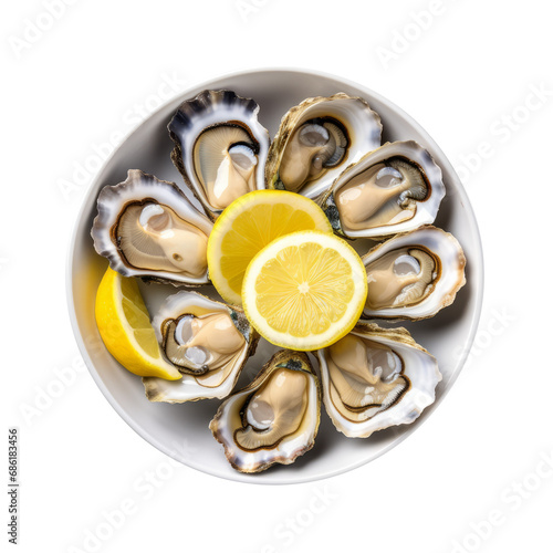 Top view bowl with fresh open oysters isolated on transparent background. AI generated.