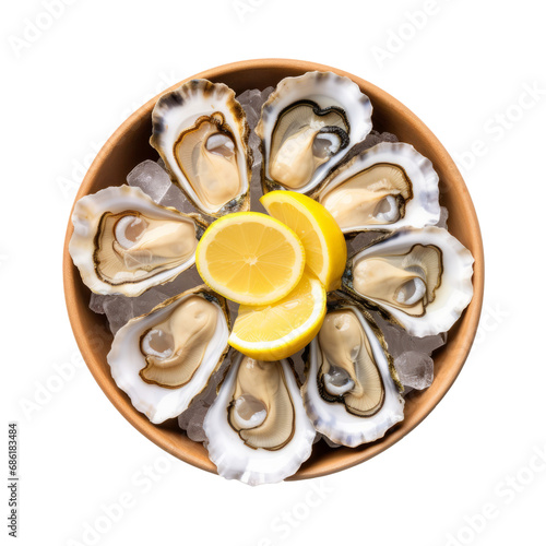 Top view bowl with fresh open oysters isolated on transparent background. AI generated.