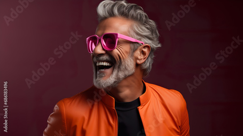 Happy elderly fashion model with grey full hair, mature and happy smiling man in colorful close-up portrait   Generative AI © DigitalDreamscape