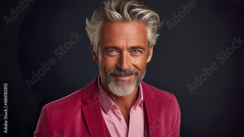 Happy elderly fashion model with grey full hair, mature and happy smiling man in colorful close-up portrait | Generative AI