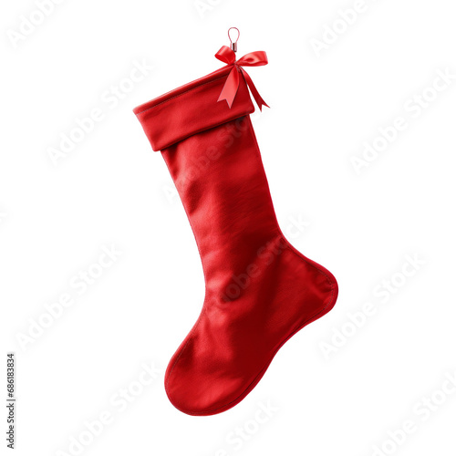 Hanging red christmas stocking isolated on transparent background. AI generated.