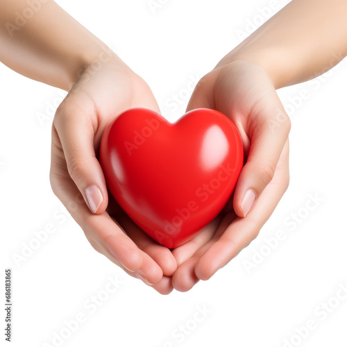 Hands hold a red heart isolated on transparent background. AI generated.