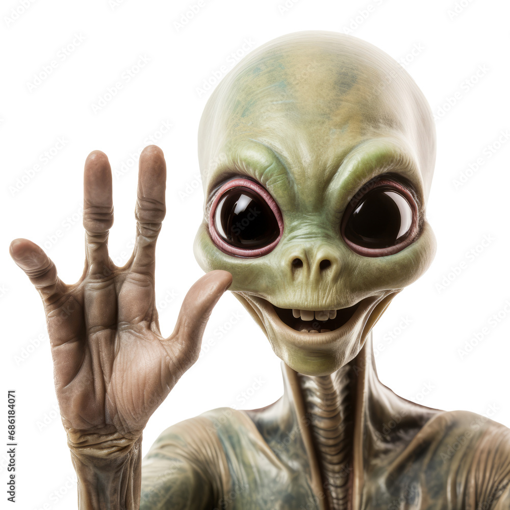 Aliens arrival concept, aliens are smiling and waving greeting. Isolated on transparent background. AI generated. Aliens arrival concept, aliens are smiling and waving greeting. Isolated on transparent background. AI generated.