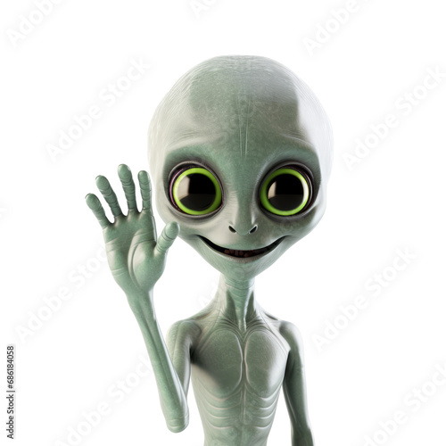 Aliens arrival concept, aliens are smiling and waving greeting. Isolated on transparent background. AI generated.
