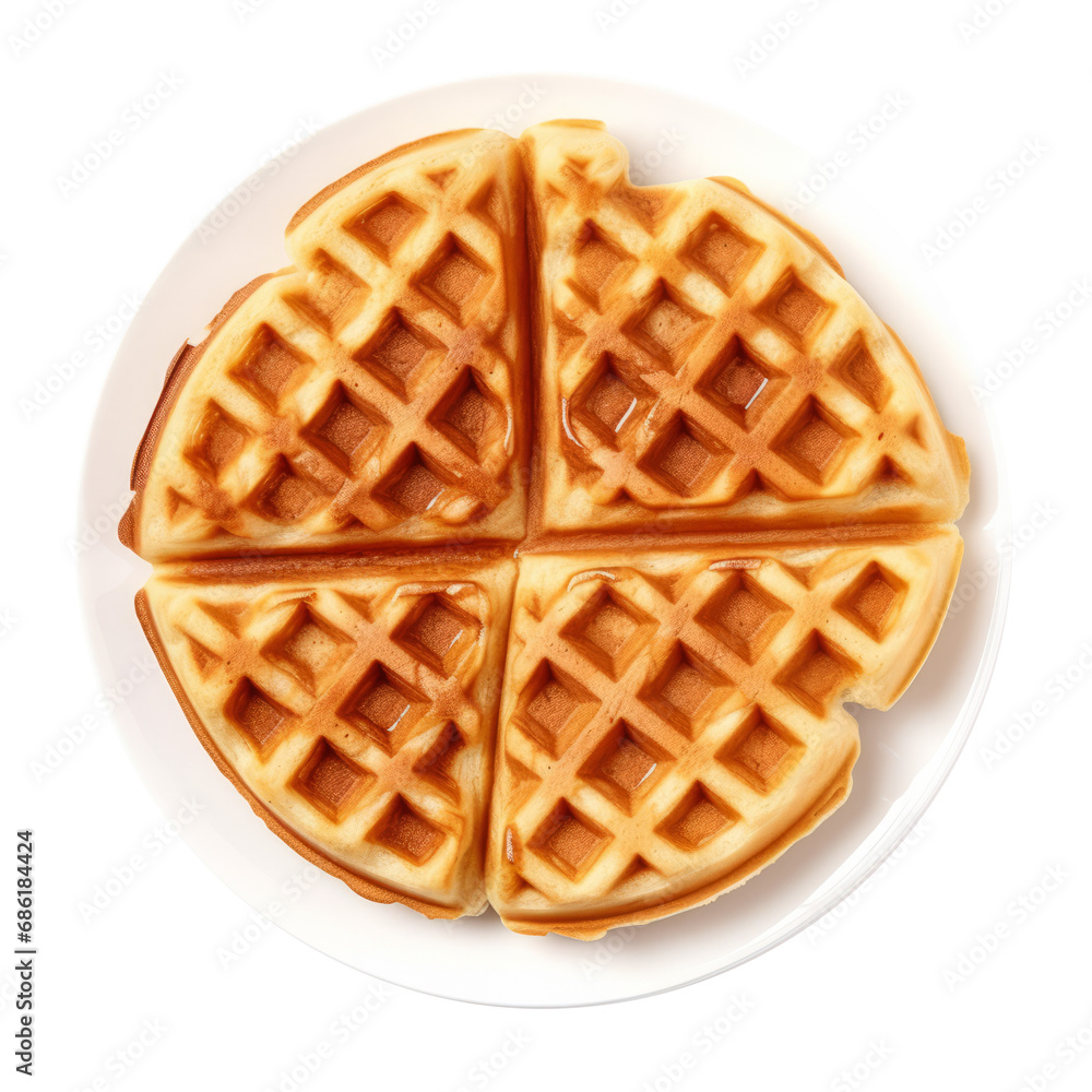 Waffle on white plate isolated on transparent background. AI generated. Waffle on white plate isolated on transparent background. AI generated.