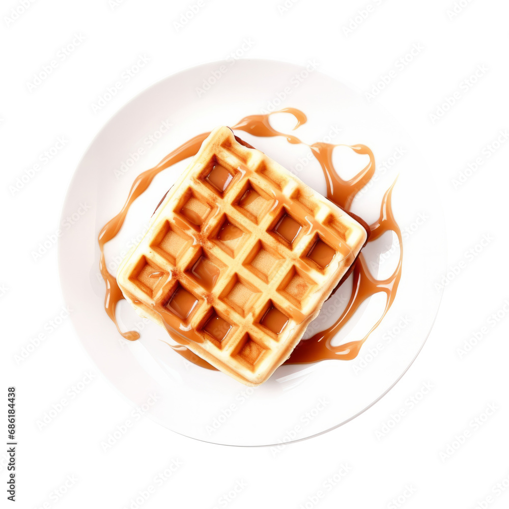 Waffle on white plate isolated on transparent background. AI generated.