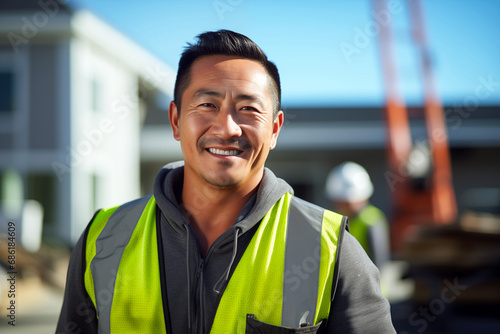 Smiling men bricklayer in work clothes on a construction site. Mason at work. Job. Asian bricklayer construction company. AI