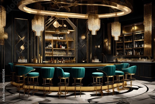 a retro Art Decor bar with luxurious velvet seating and gold accents reminiscent of the Roaring Twenties