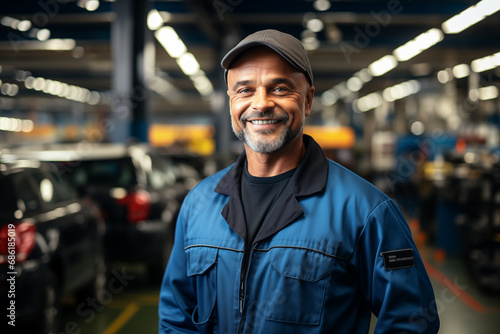 Happy smiling mature man garage worker with grey hair wearing a cap and a blue mechanic's uniform, standing in a busy car garage.