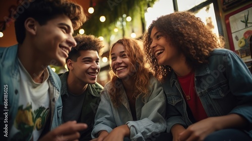 A diverse group of teenagers enjoying each other’s company and showing that friendship transcends cultural and ethnic differences, friendship knows no borders photo