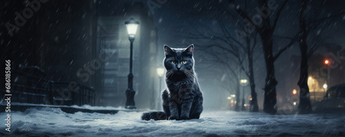 chat noir assis dans la neige, dans une rue la nuit éclairée par un lampadaire photo