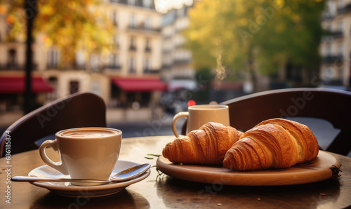 petit déjeuner parisien typique avec croissant et café sur une table de bistrot	
 photo