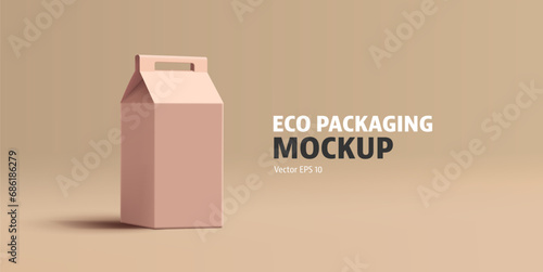 Paper eco packaging with a handle for products, 3D. For packaging concepts of industrial goods, food, household items. Banner for advertising products. Vector