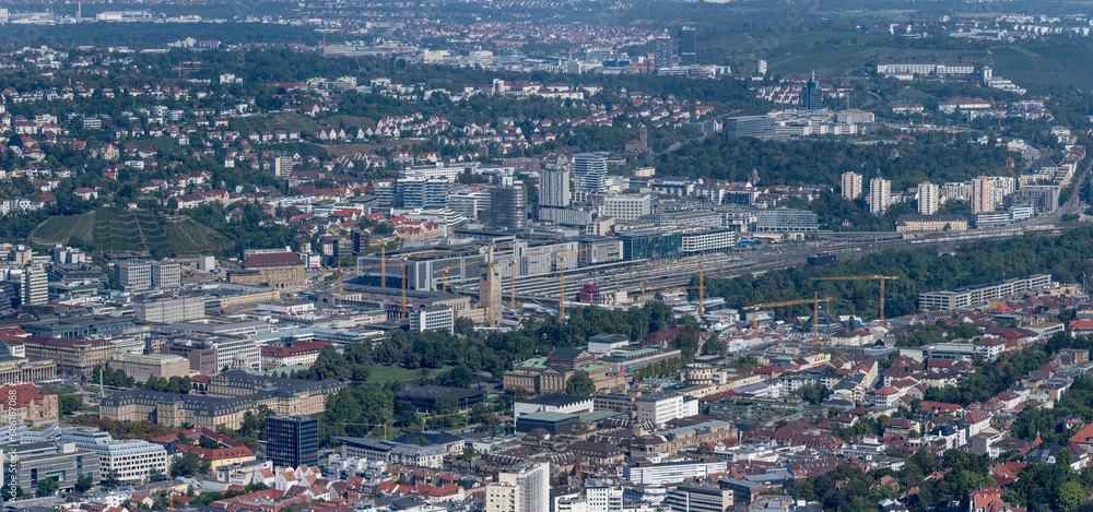 aerial cityscape with railway station neighbourhood from TV-tower, Stuttgart, Germany aerial cityscape with railway station neighbourhood from TV-tower, Stuttgart, Germany