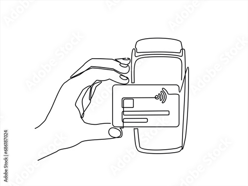 Continuous one line drawing hand of  using a credit or debit card for transactions through the terminal. Cashless payment concept. Continuous line draw design graphic vector illustration.