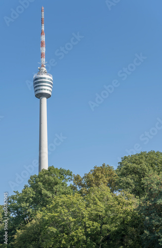 tall TV-tower looms out of wood, Stuttgart, Germany