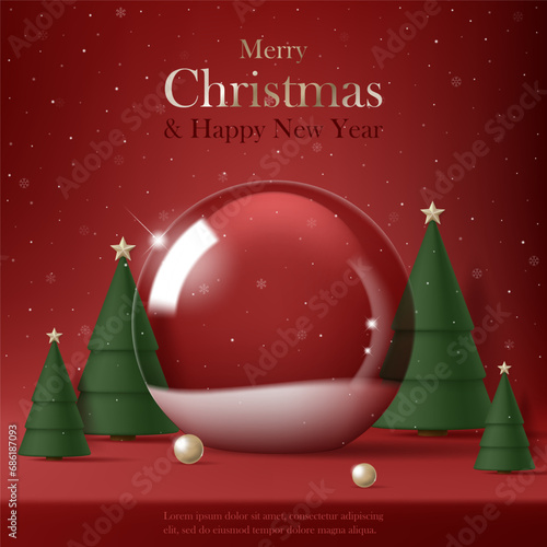 3D Vector Merry Christmas product podium banner. Glass snow ball, green tree, snowflake on red background. Luxury modern minimal decoration party, greeting card, promotion sale, social media post