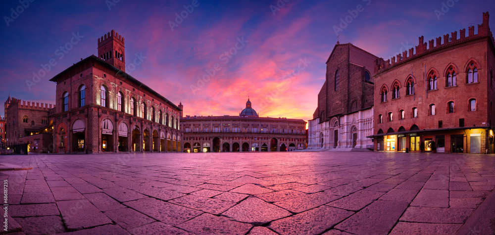 Bologna, Italy. Cityscape image of old town Bologna, Italy with Piazza Maggiore at beautiful autumn sunrise.