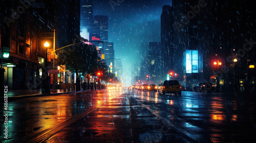 Rainy weather in a city, night scene