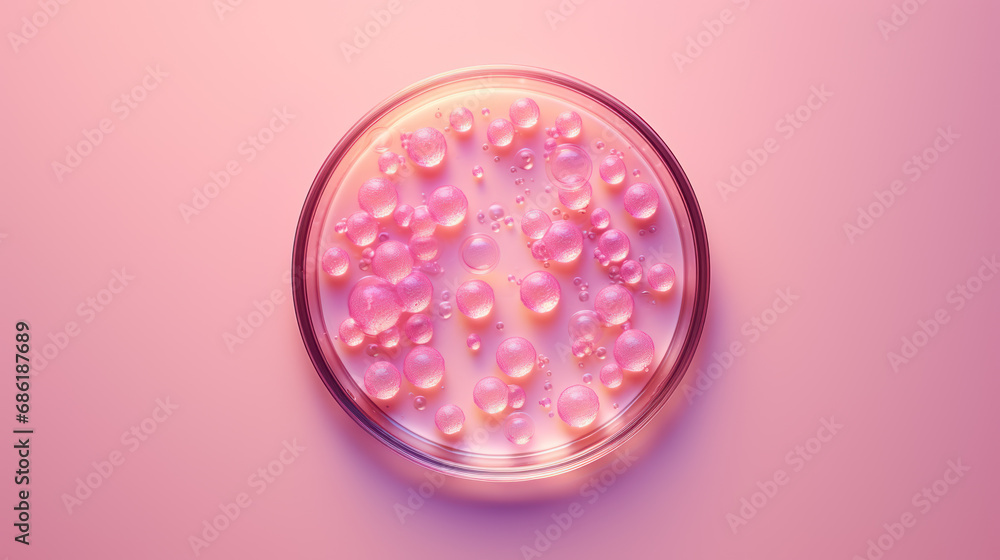 Petri dish with bacterial culture on pink background Petri dish with bacterial culture on pink background