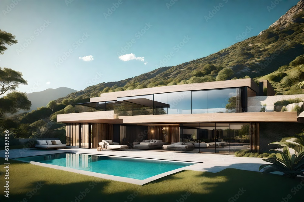3D view of luxury house, swimming pool outside, landscape view of green mountain