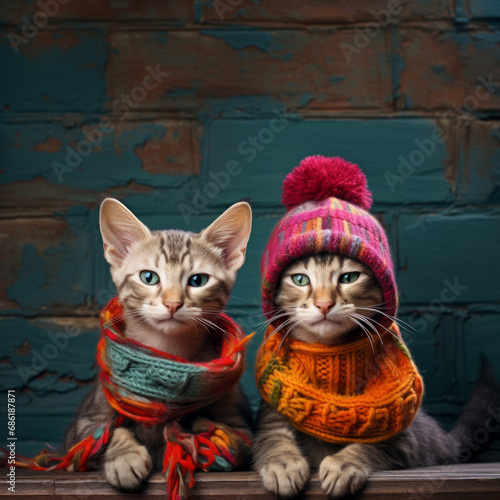 Two cute cats in cute knitted fashionable outfits and hats