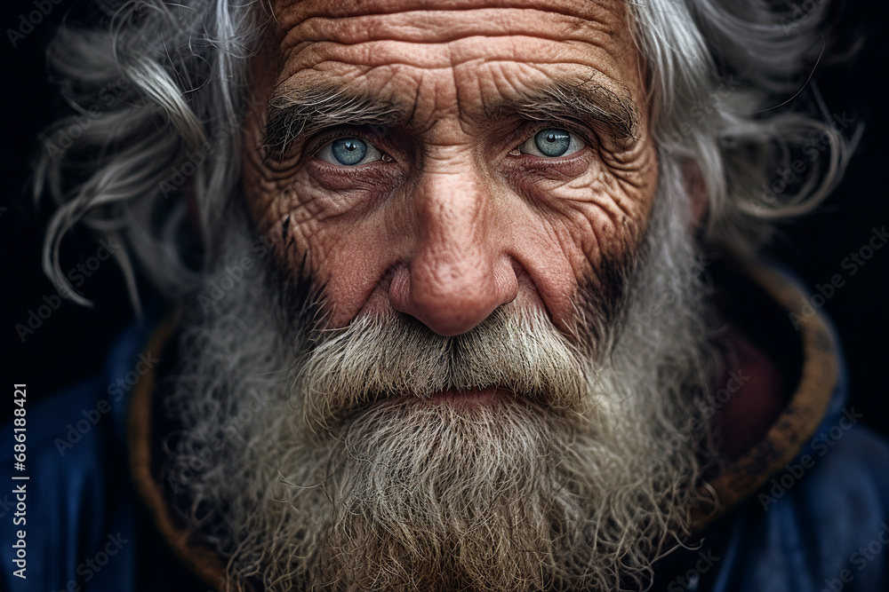 Close up picture of face old wise man with white beard homeless grandfather generative ai Close up picture of face old wise man with white beard homeless grandfather generative ai