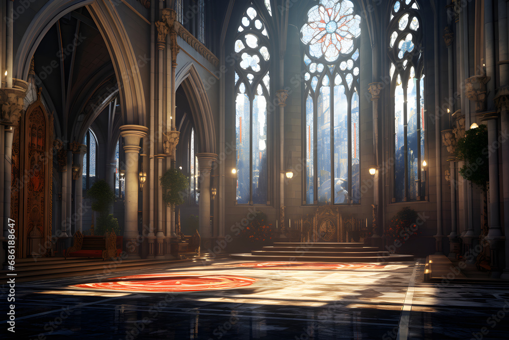 A majestic cathedral inspired by Gothic architecture, with towering spires, intricate stone tracery, and stained glass windows, creating an atmosphere of grandeur and spirituality. Ai Generated.NO.04 - obrazy, fototapety, plakaty 