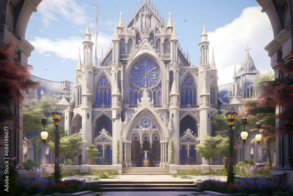 A majestic cathedral inspired by Gothic architecture, with towering spires, intricate stone tracery, and stained glass windows, creating an atmosphere of grandeur and spirituality. Ai Generated.NO.03