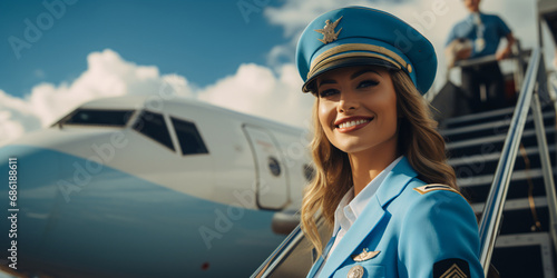 Attractive smiling female airplane pilot on the ramp, charming woman private airline employee in uniform and cap photo