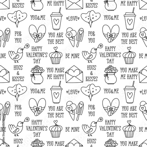 Valentines Day doodle style seamless pattern in black and white, hand-drawn love theme icons and quotes background. Romantic mood, cute symbols and elements collection.