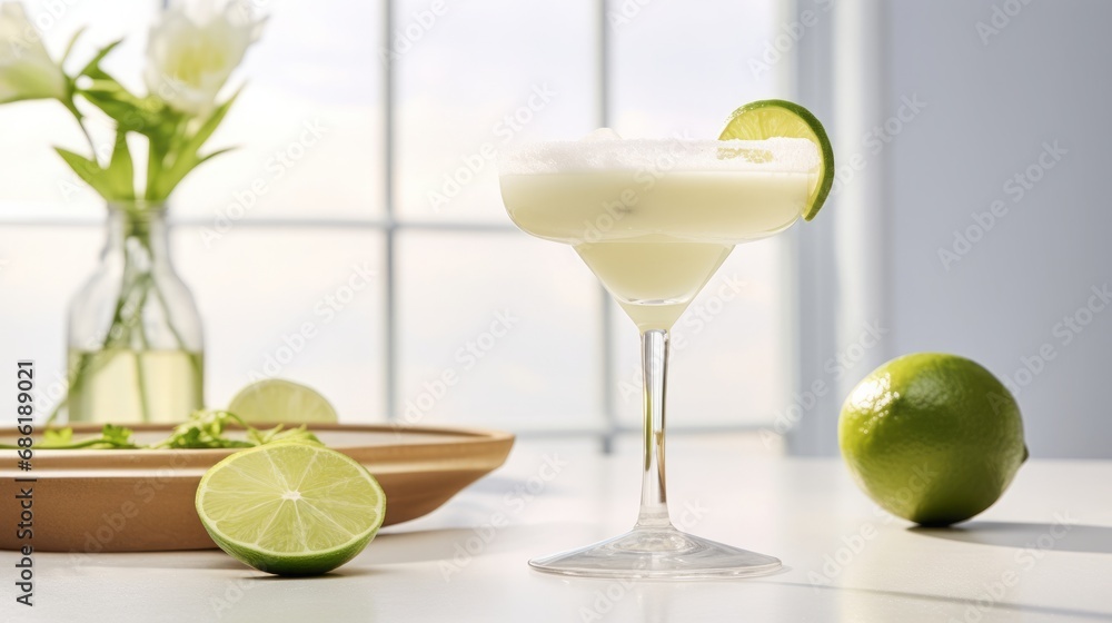 margarita cocktail, white kitchen, bright and airy, food photography, copy space, 16:9