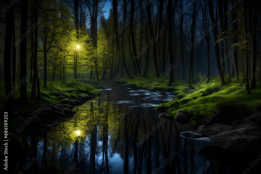 river in the spring forest, night view, reflect the light