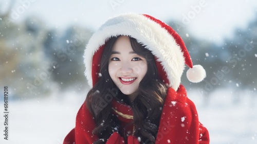 beautiful young east asia woman in christmas santa claus costume dress, smiling, sitting in a snow field, copy space, 16:9